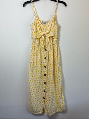 Mimi Chica Yellow Floral Tie Front Button Down Midi Dress Cottagecore Size L